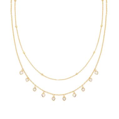 Collana due fili Catena Forzatina Diamantata con Cuori Cubic Zirconia Bianchi pendenti in ARGENTO 925 Galvanica Oro