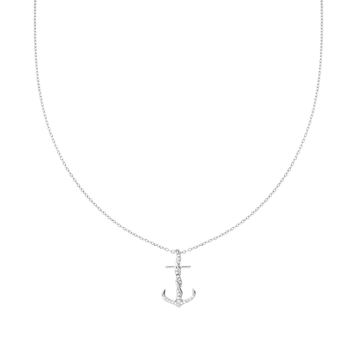 Collana Catena Forzatina Diamantata con Ancora e Cubic Zirconia Bianchi in ARGENTO 925 Galvanica Rodio