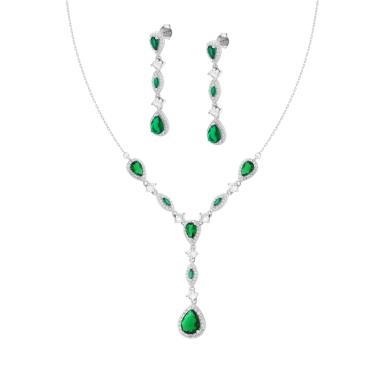Parure Set Collana e Orecchini Goccia pendenti Verde Smeraldo contornato con Cubic Zirconia Bianchi in ARGENTO 925 Galvanica Rodio