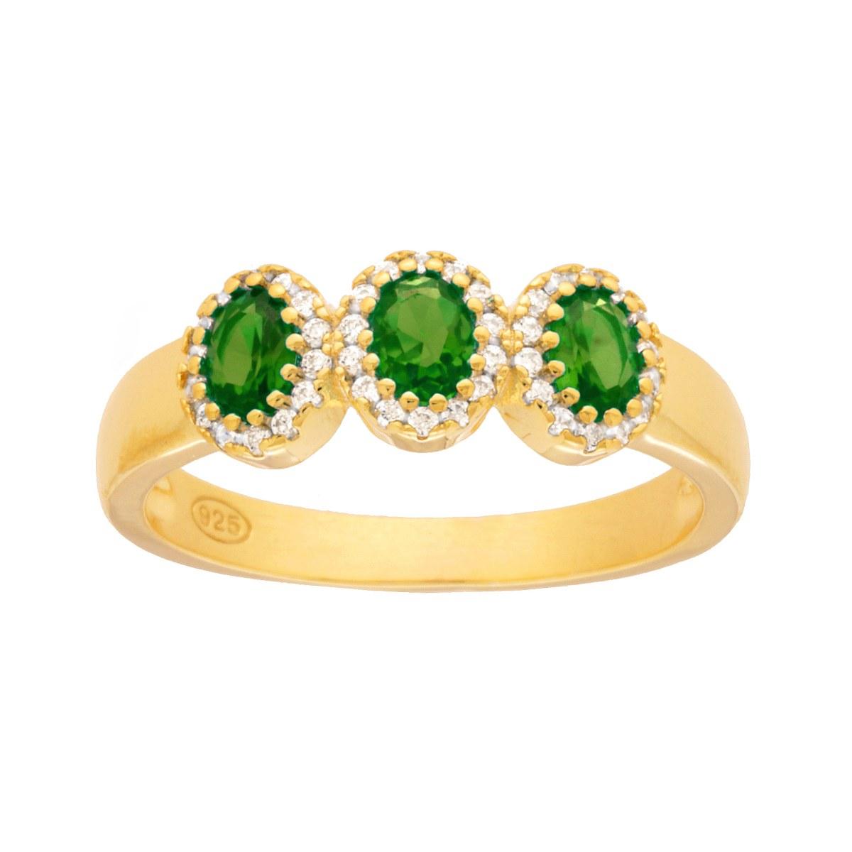 Anello Trilogy Verde Smeraldo contornati con Cubic Zirconia Bianchi in ARGENTO 925 Galvanica Oro