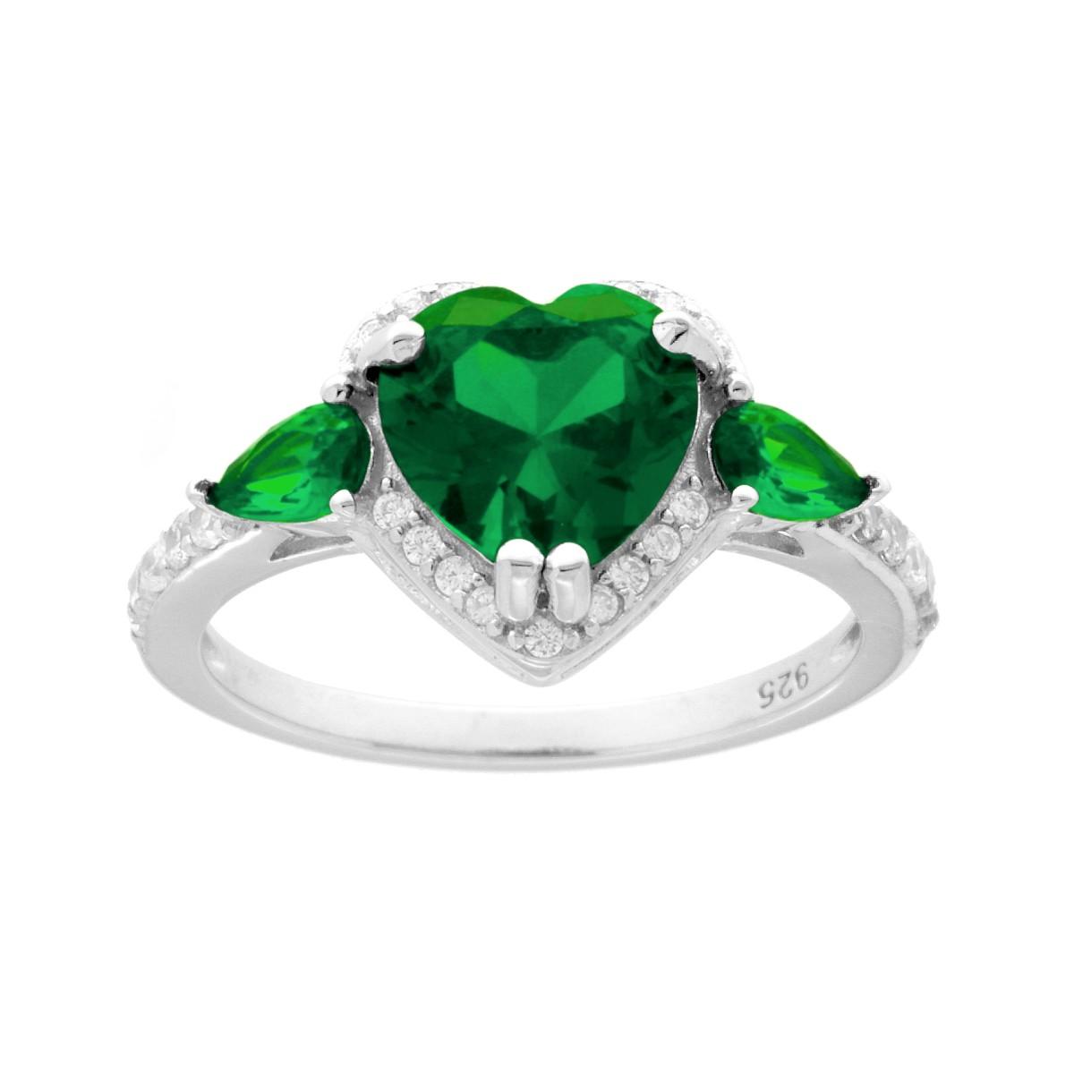 Anello Cuore Verde Smeraldo contornato con Cubic Zirconia Bianchi in ARGENTO 925 Galvanica Rodio