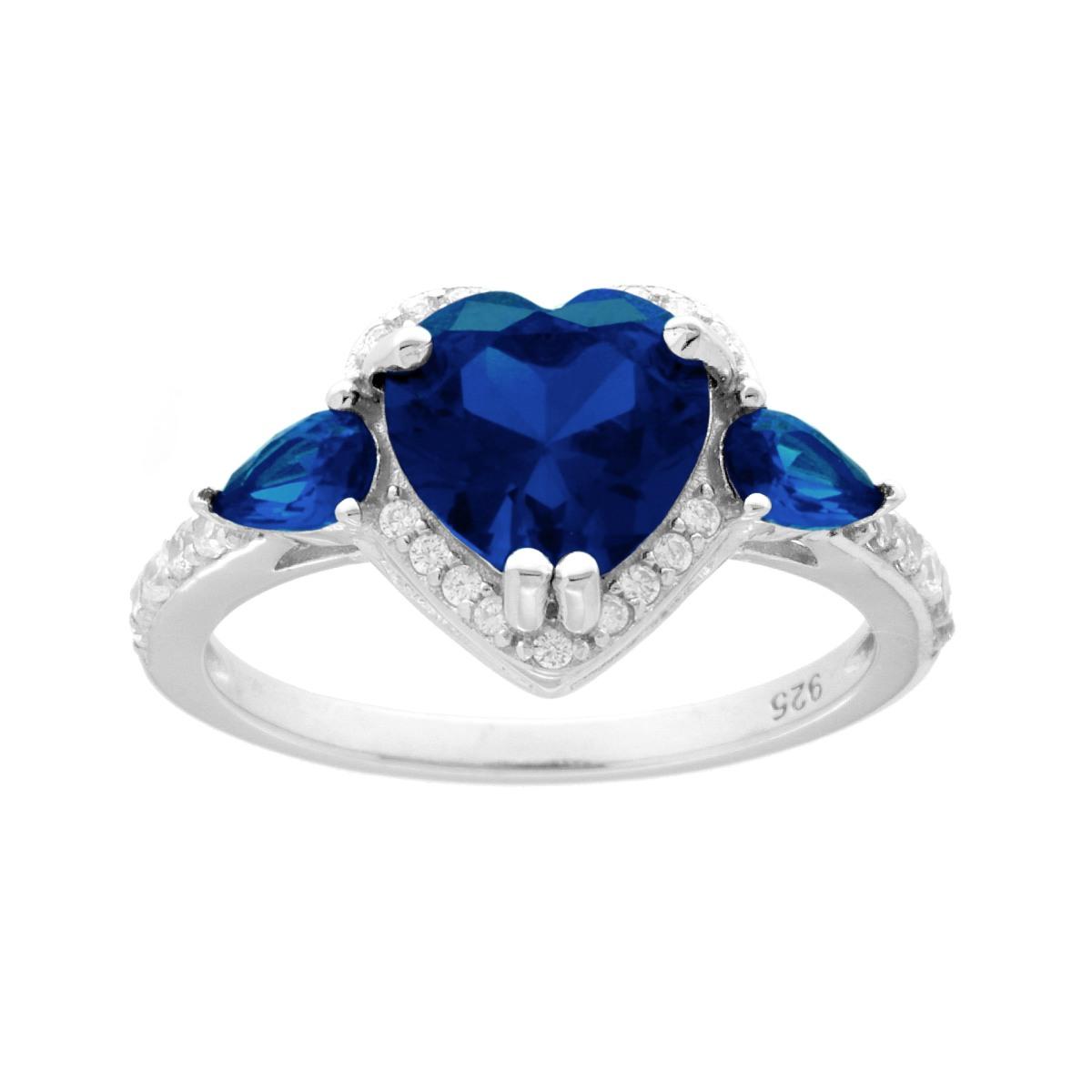 Anello Cuore Blu Zaffiro contornato con Cubic Zirconia Bianchi in ARGENTO 925 Galvanica Rodio