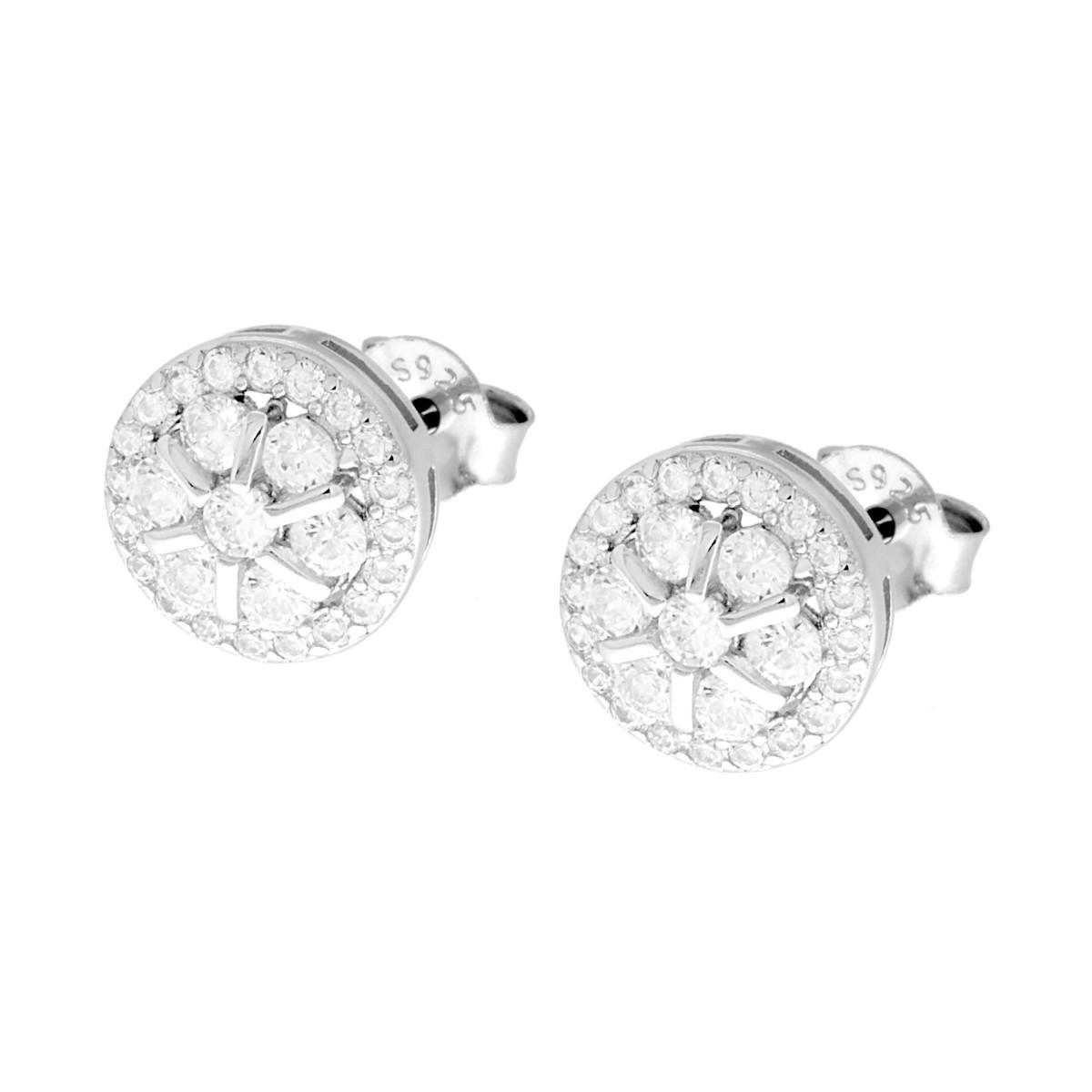 Orecchini Tondi Fiore con Cubic Zirconia Bianchi in ARGENTO 925 Galvanica Rodio