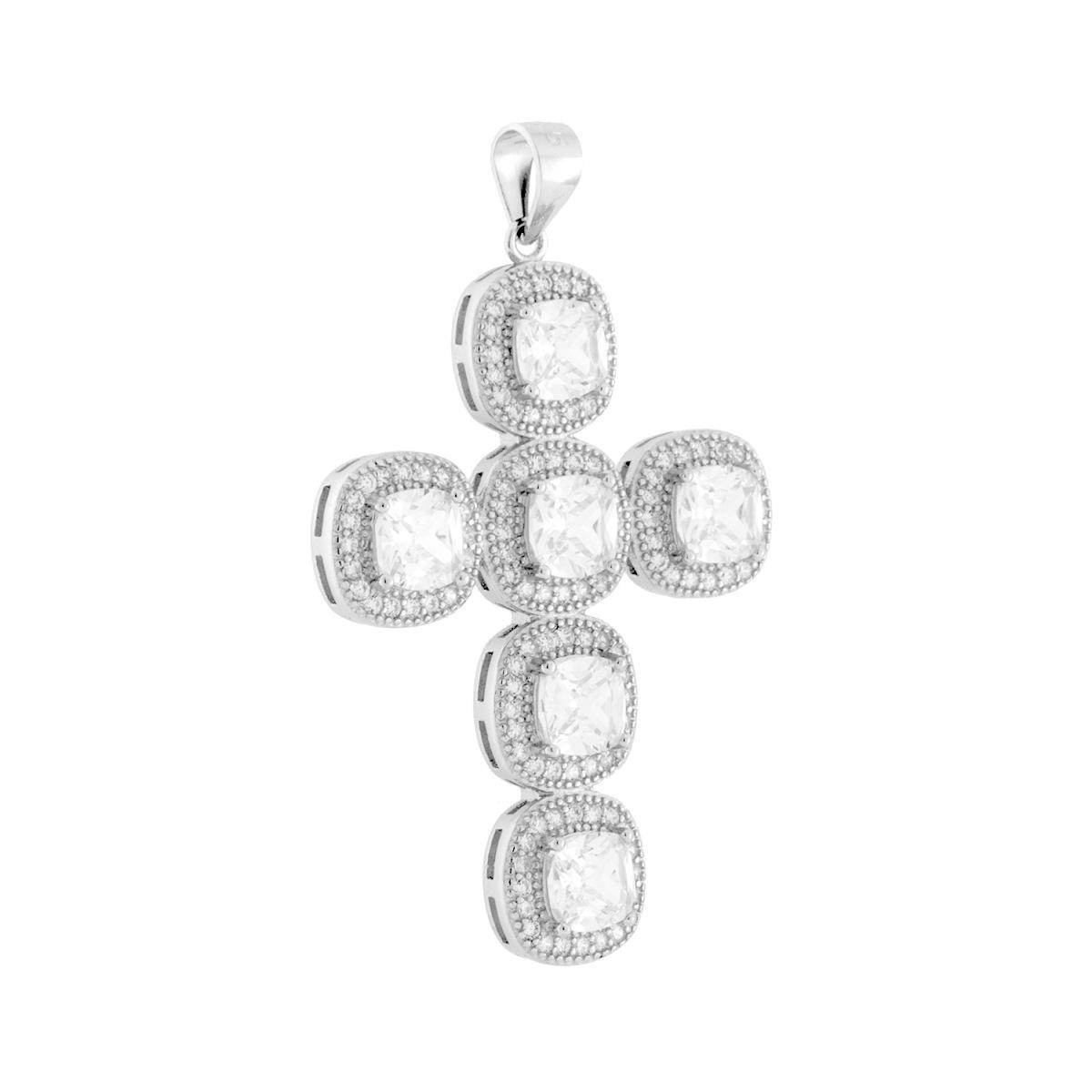 Ciondolo Croce con Cubic Zirconia Quadrati Bianchi 27x36 mm in ARGENTO 925 Galvanica Rodio