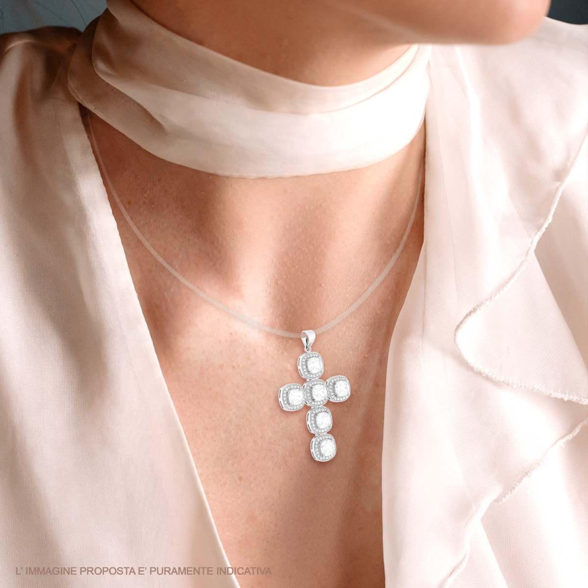 Ciondolo Croce con Cubic Zirconia Quadrati Bianchi 27x36 mm in ARGENTO 925 Galvanica Rodio