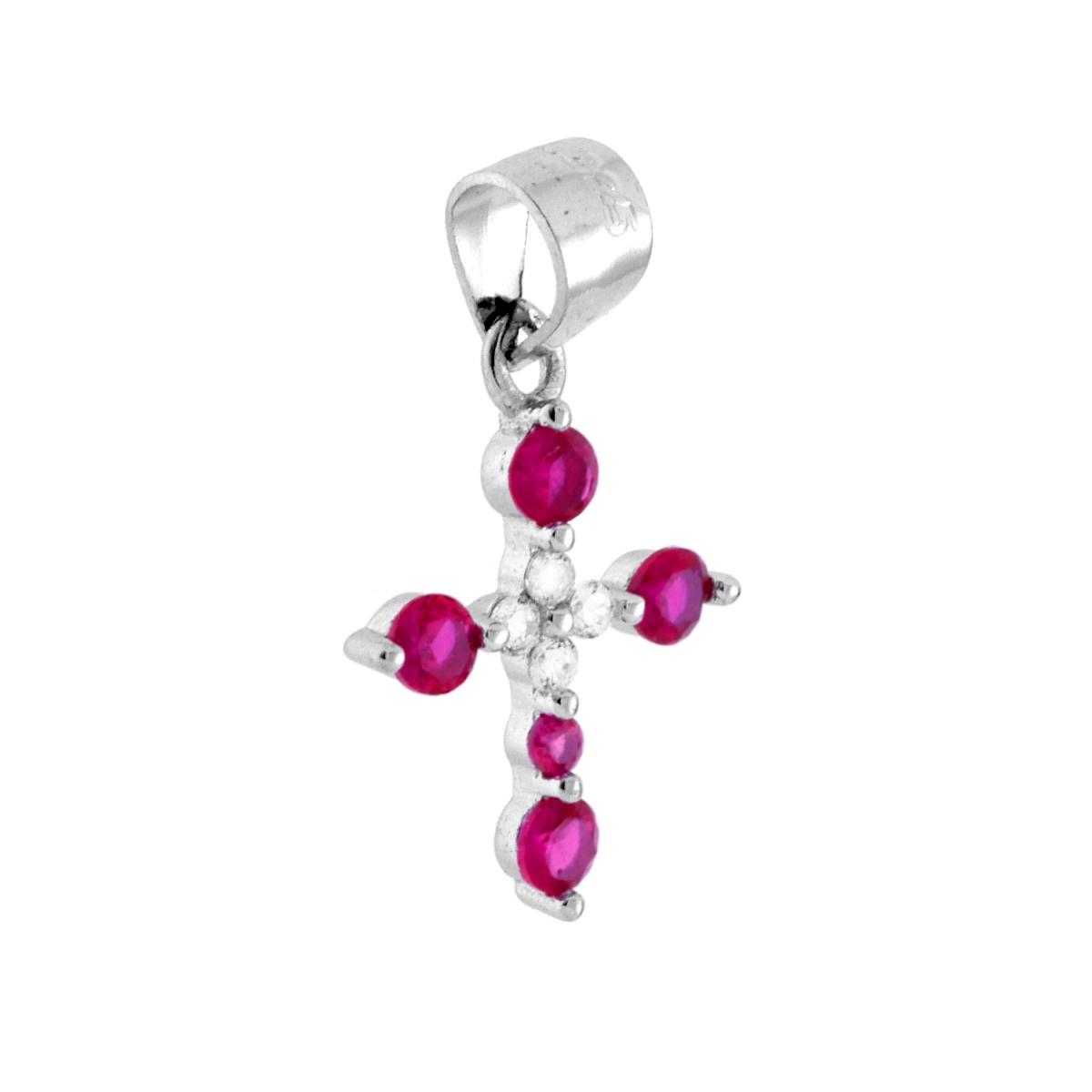 Ciondolo Croce con Cubic Zirconia Rosso Rubino e Bianchi in ARGENTO 925 Galvanica Rodio