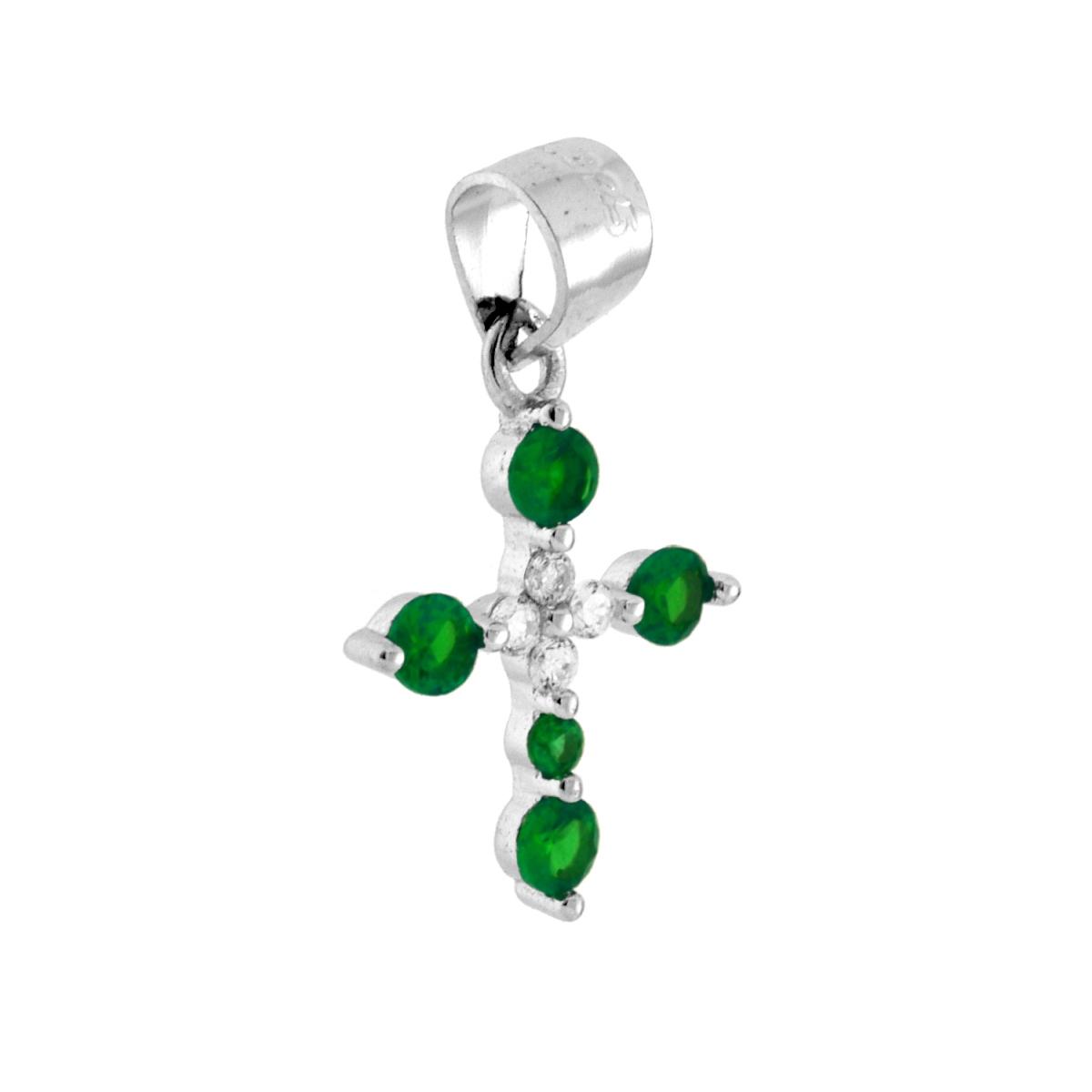 Ciondolo Croce con Cubic Zirconia Verde Smeraldo e Bianchi in ARGENTO 925 Galvanica Rodio