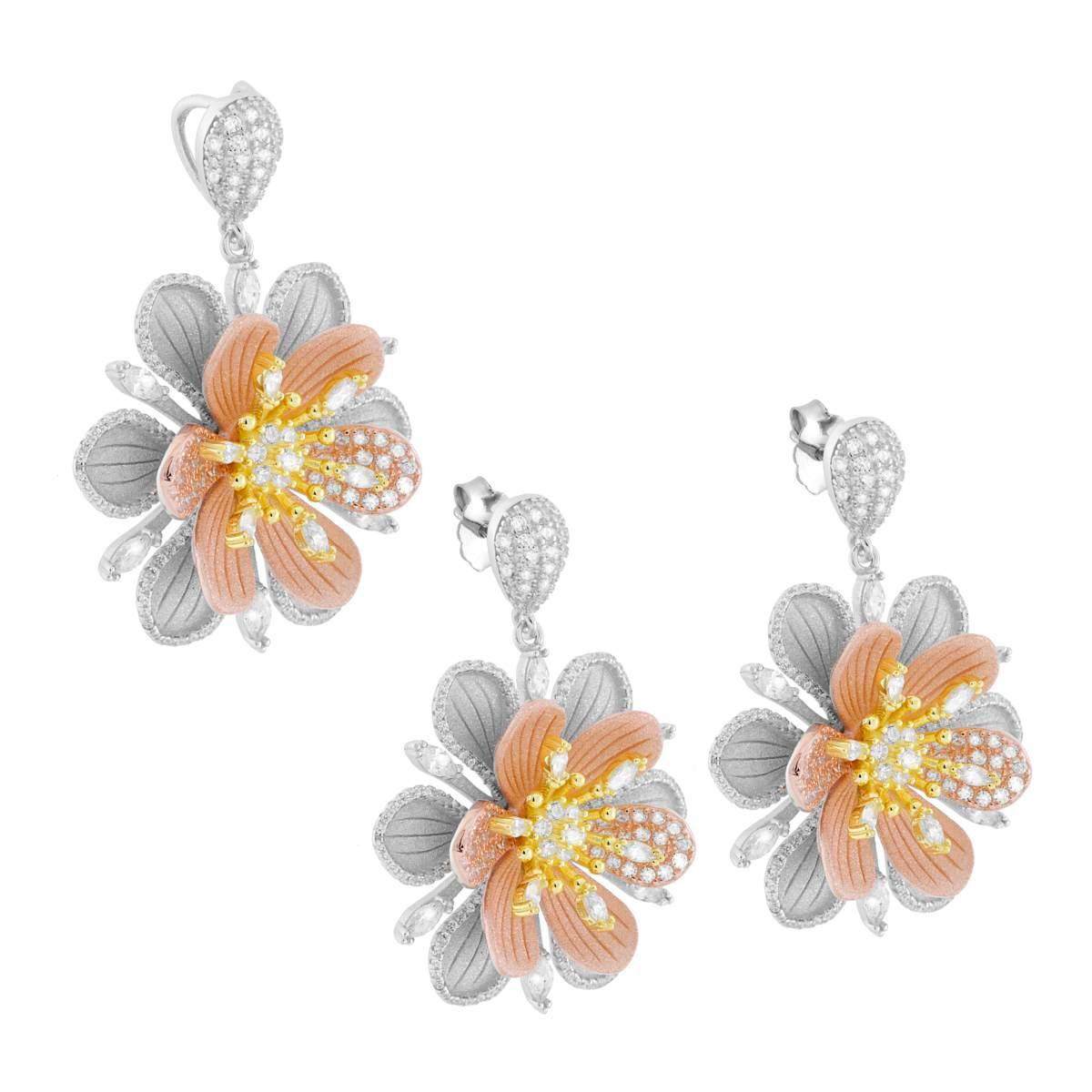 Parure Set Orecchini e Ciondolo Fiore 3D con Cubic Zirconia Bianchi in ARGENTO 925 Galvanica Rodio Oro e Rosa