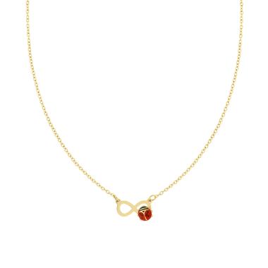 Collana Catena Forzatina Diamantata con Infinito e Coccinella smalto Rosso in ACCIAIO colore Oro