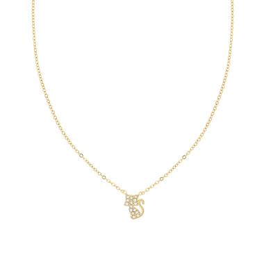 Collana Catena Forzatina Diamantata con Gatto e Crystal Bianchi in ACCIAIO colore Oro
