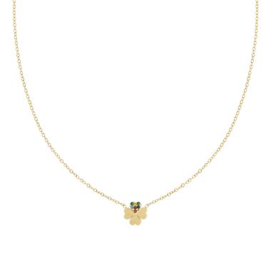 Collana Catena Forzatina Diamantata con Quadrifoglio con Cuore e Cubic Zirconia Multicolor in ACCIAIO colore Oro