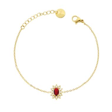 Bracciale Forzatina Diamantata con Ovale Rosso Rubino contornato da Cubic Zirconia Bianchi in ACCIAIO colore Oro