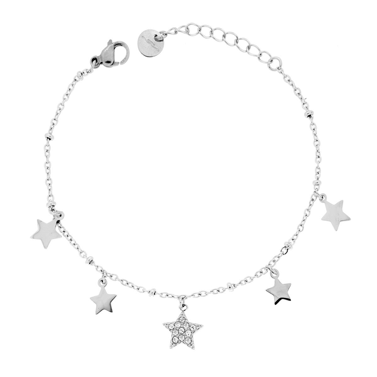 Bracciale Catena Forzatina Diamantata con Stelle pendenti e Cubic Zirconia Bianchi in ACCIAIO