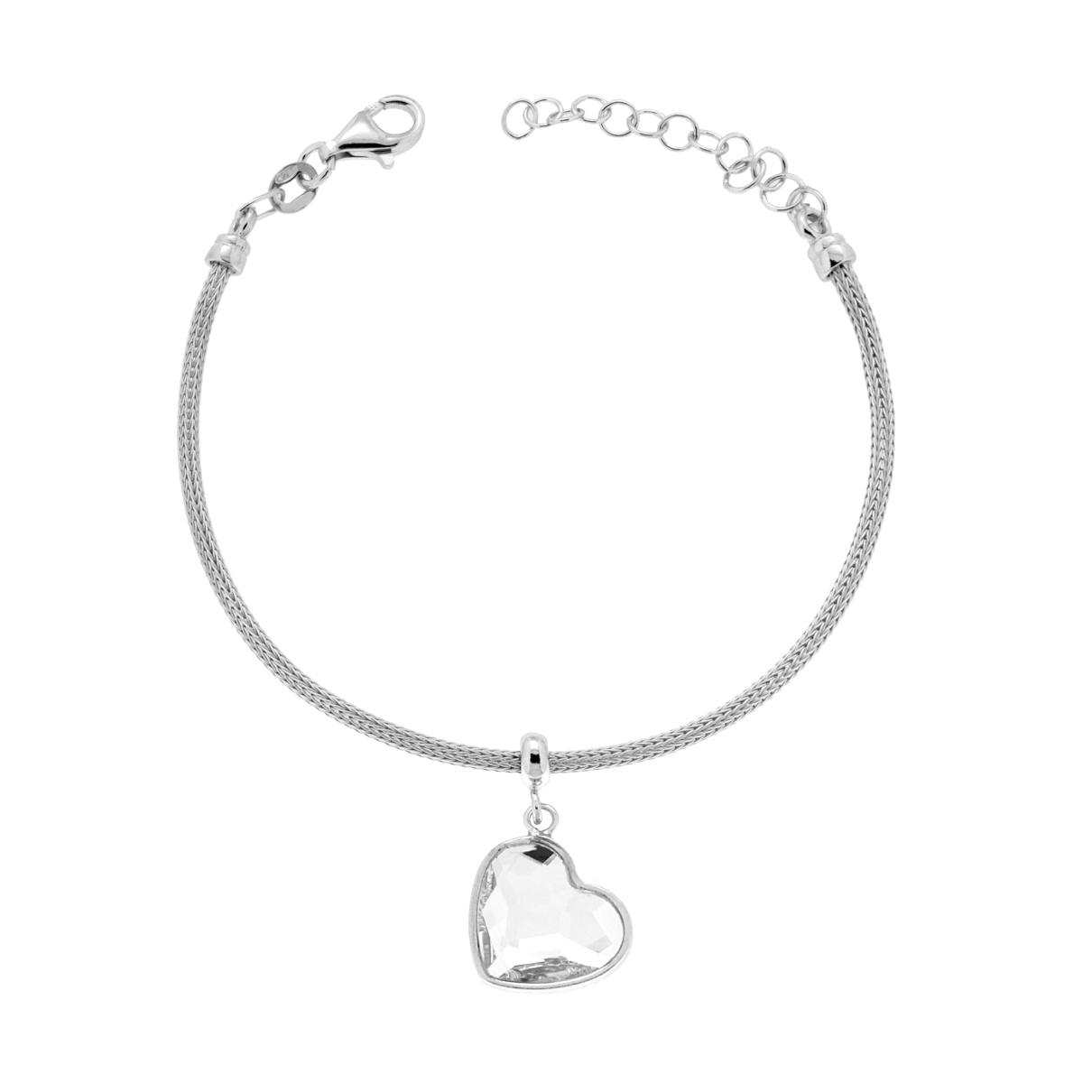 Bracciale Catena Calza con Cuore Crystal Bianco pendente in ARGENTO 925 Galvanica Rodio