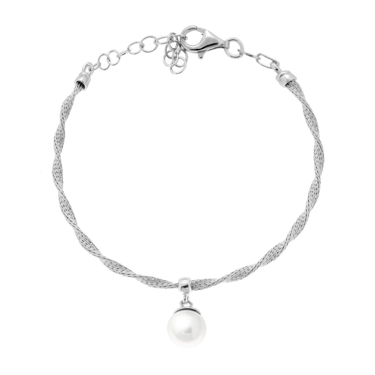 Bracciale Catena Calza torchon con Perla vetro perlato pendente in ARGENTO 925 Galvanica Rodio