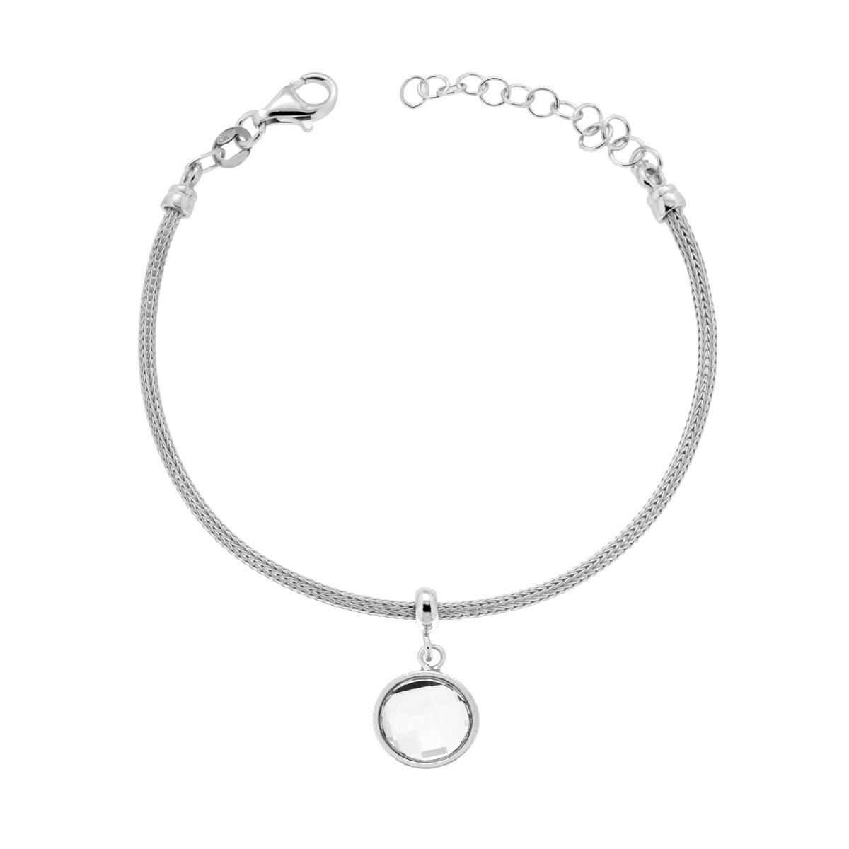 Bracciale Catena Calza con Tondo Crystal Bianco pendente in ARGENTO 925 Galvanica Rodio
