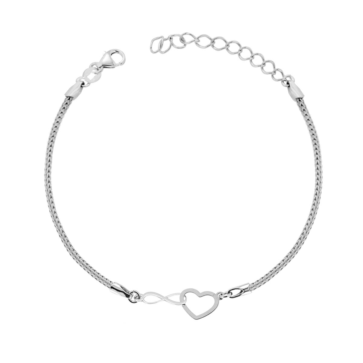 Bracciale Catena Calza con Cuore e Infinito in ARGENTO 925 Galvanica Rodio