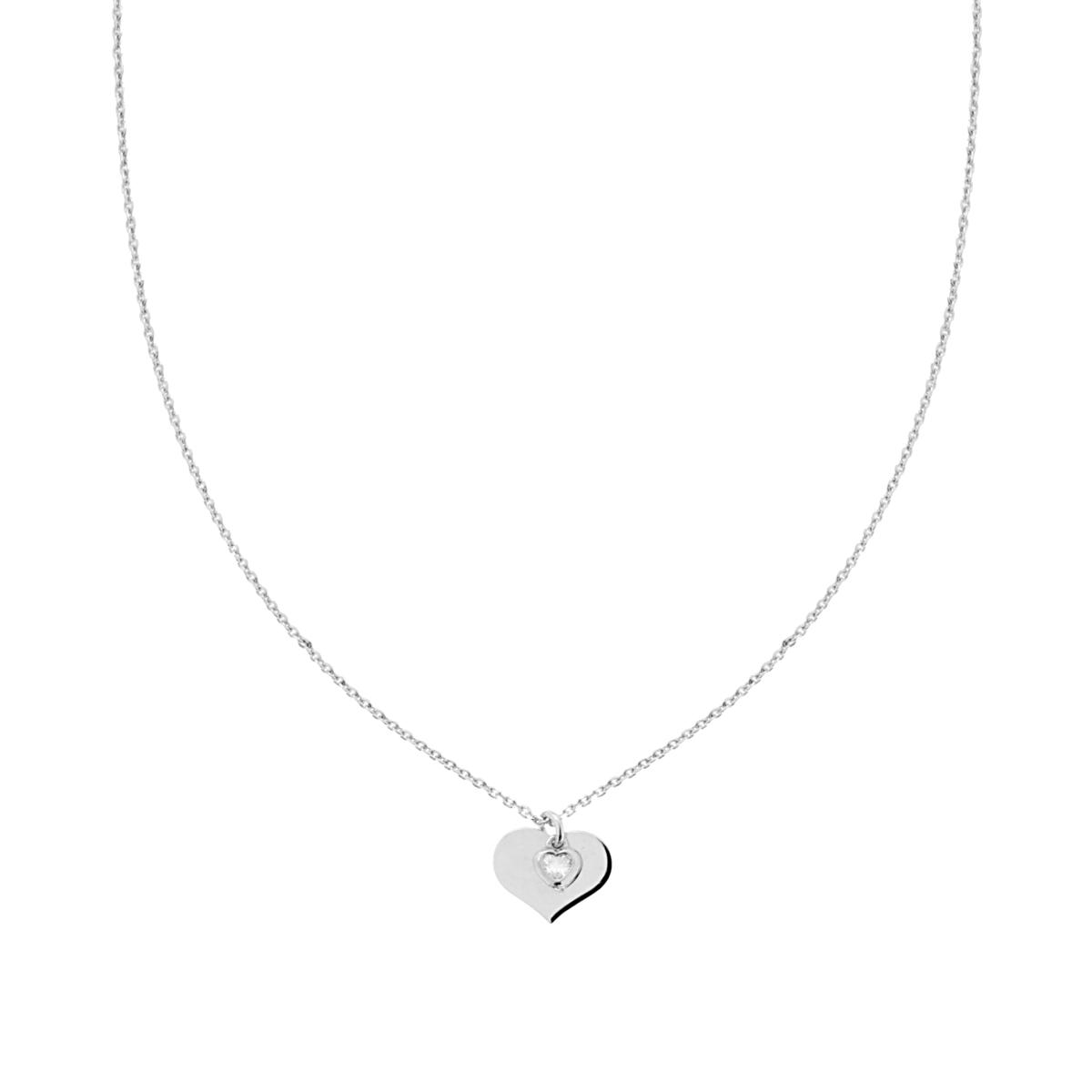Collana Catena Forzatina Diamantata con Cuore plain e Cubic Zirconia Bianco pendenti in ARGENTO 925 Galvanica Rodio