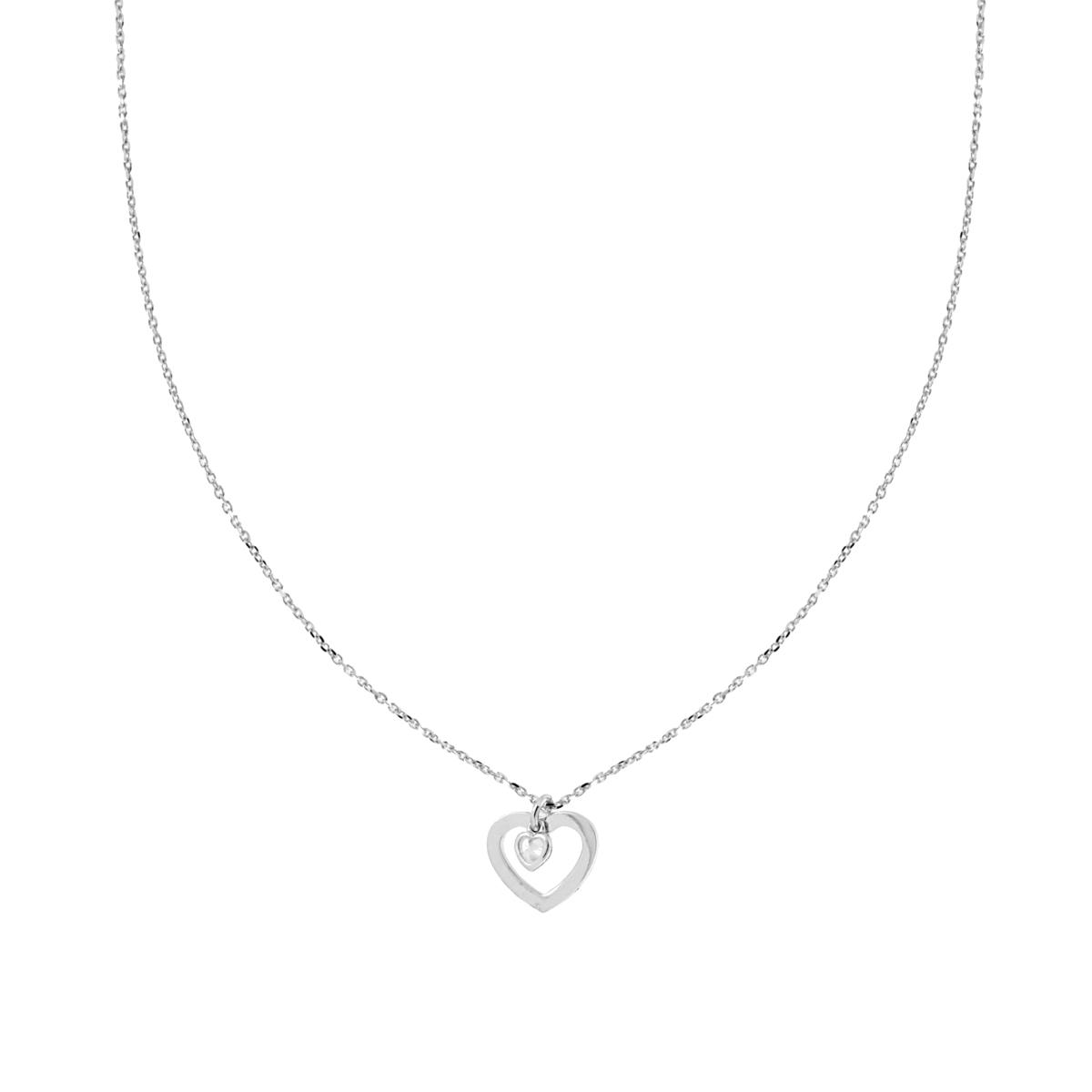 Collana Catena Forzatina Diamantata con Cuori plain e cubic Zirconia Bianco pendenti in ARGENTO 925 Galvanica Rodio