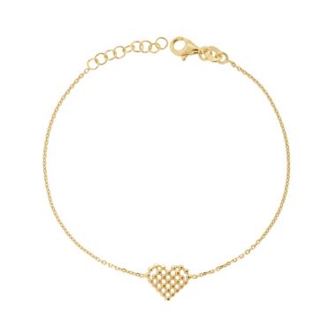 Bracciale Catena Forzatina Diamantata con Cuore Pallinato in ARGENTO 925 Galvanica Oro