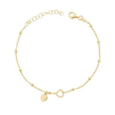 Bracciale Catena Forzatina con Palline lisce con Cuore traforato e Cuore plain pendente in ARGENTO 925 Galvanica Oro