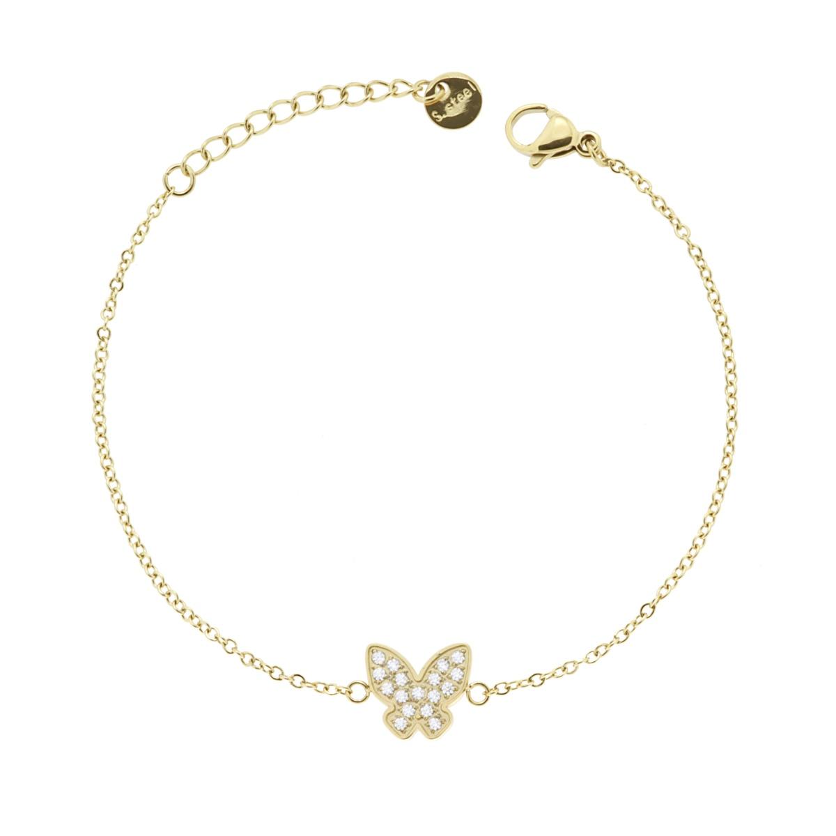 Bracciale Catena Forzatina Diamantata con Farfalla e Crystal Bianchi in ACCIAIO colore Oro