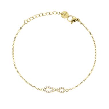 Bracciale Catena Forzatina Diamantata con Infinito e Crystal Bianchi in ACCIAIO colore Oro