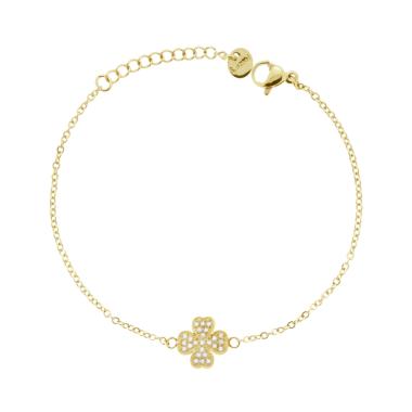 Bracciale Catena Forzatina Diamantata con Quadrifoglio e Crystal Bianchi in ACCIAIO colore Oro