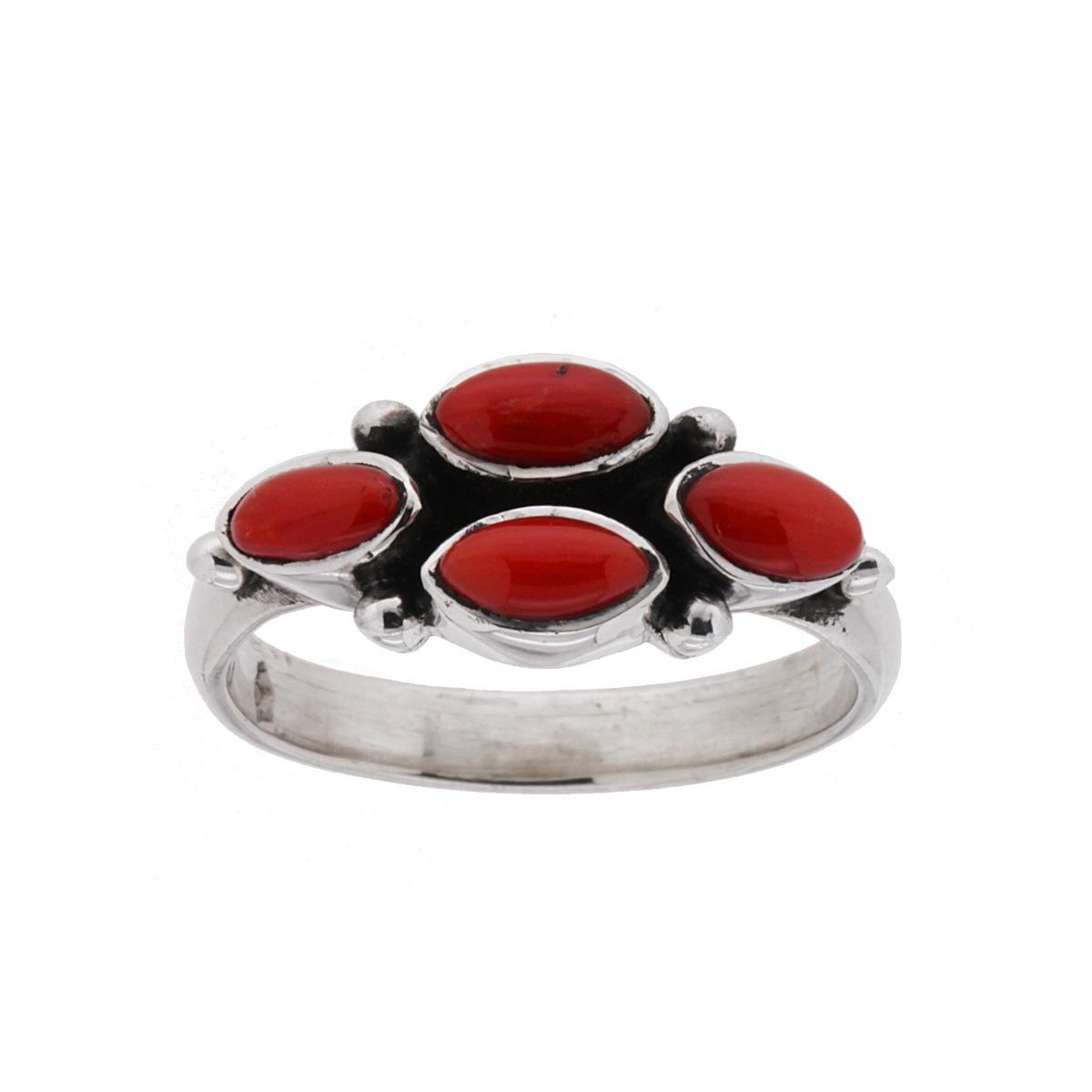 Anello Etnico Foglie con Pietre Corallo in ARGENTO 925