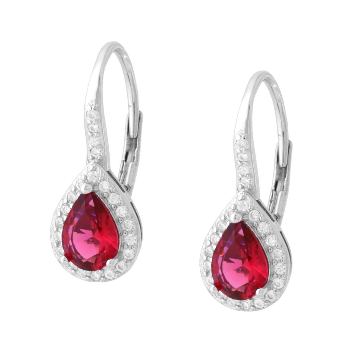 Orecchini Monachella Goccia Rosso Rubino contornata con Cubic Zirconia Bianchi in ARGENTO 925 Galvanica Rodio