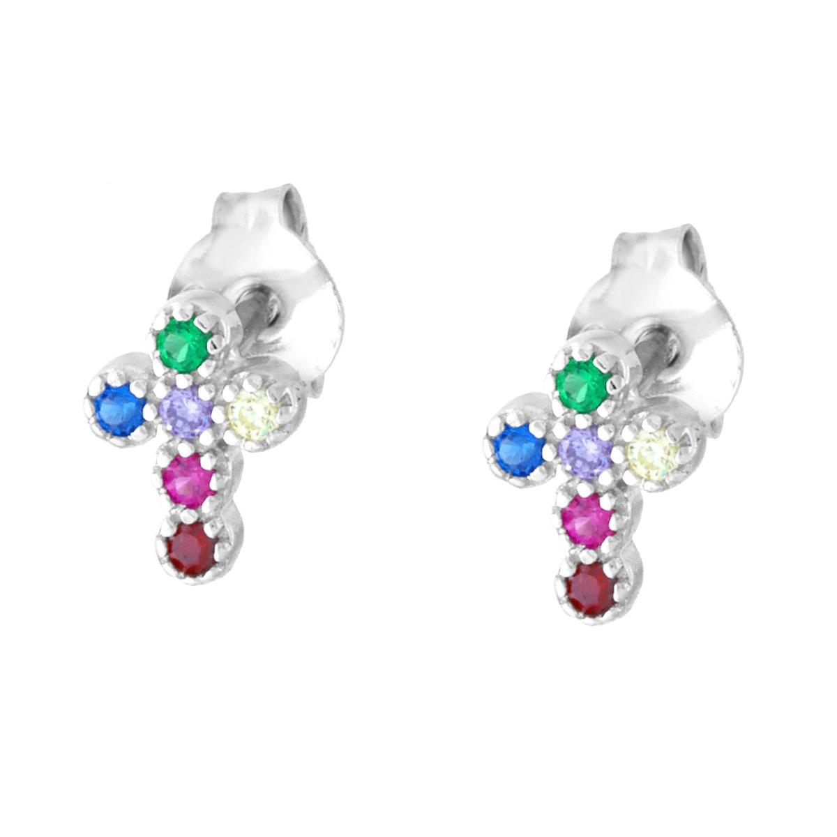 Orecchini Croce con Cubic Zirconia Multicolor in ARGENTO 925 Galvanica Rodio