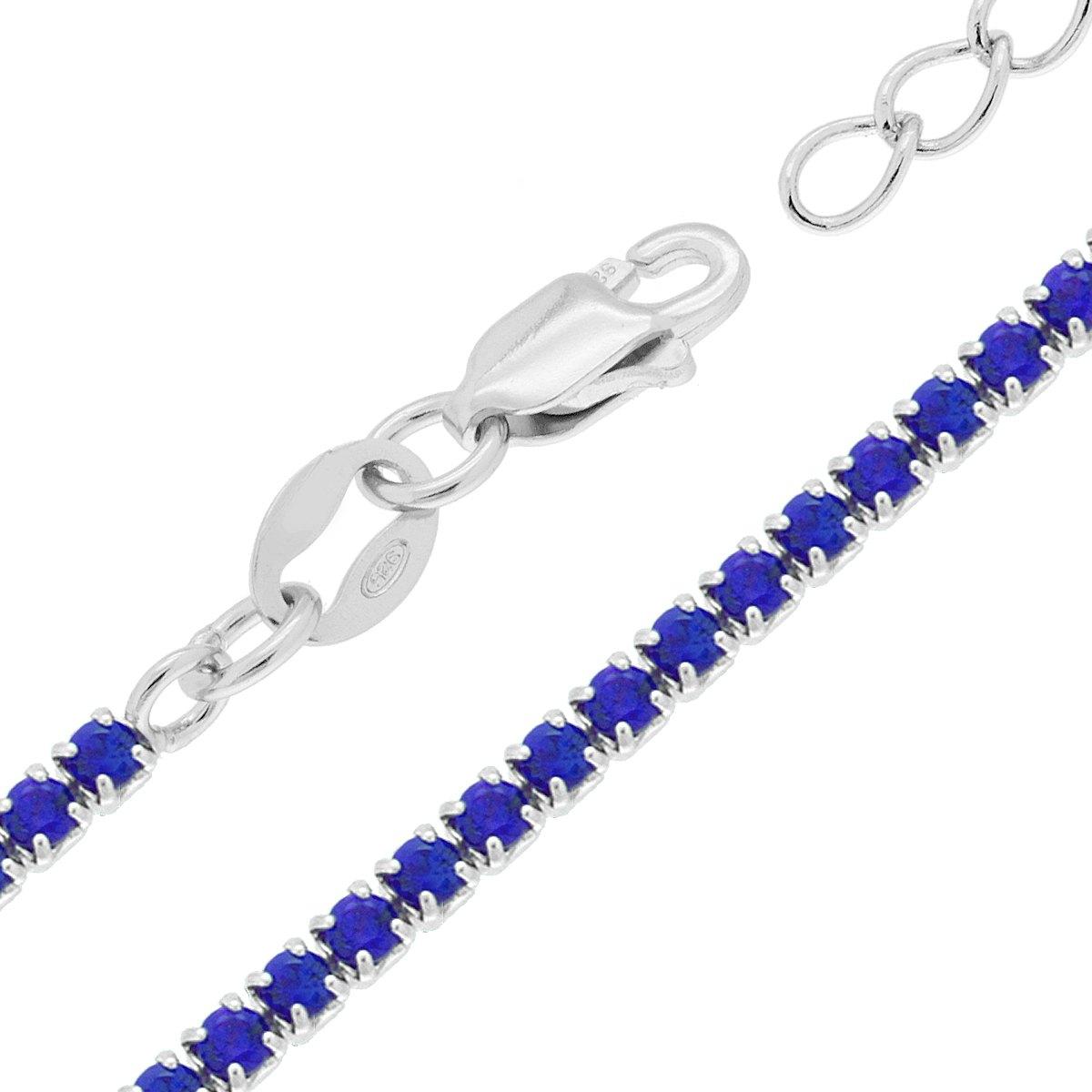 Collana Tennis Griffe cm 34+8 con Zirconi mm 2.5 Blu Zaffiro in ARGENTO 925 Galvanica Rodio