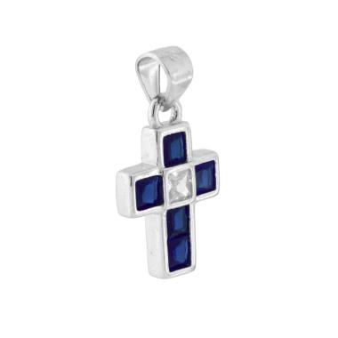 Ciondolo Croce con Cubic Zirconia Carre Blu Zaffiro e Bianco in ARGENTO 925 Galvanica Rodio