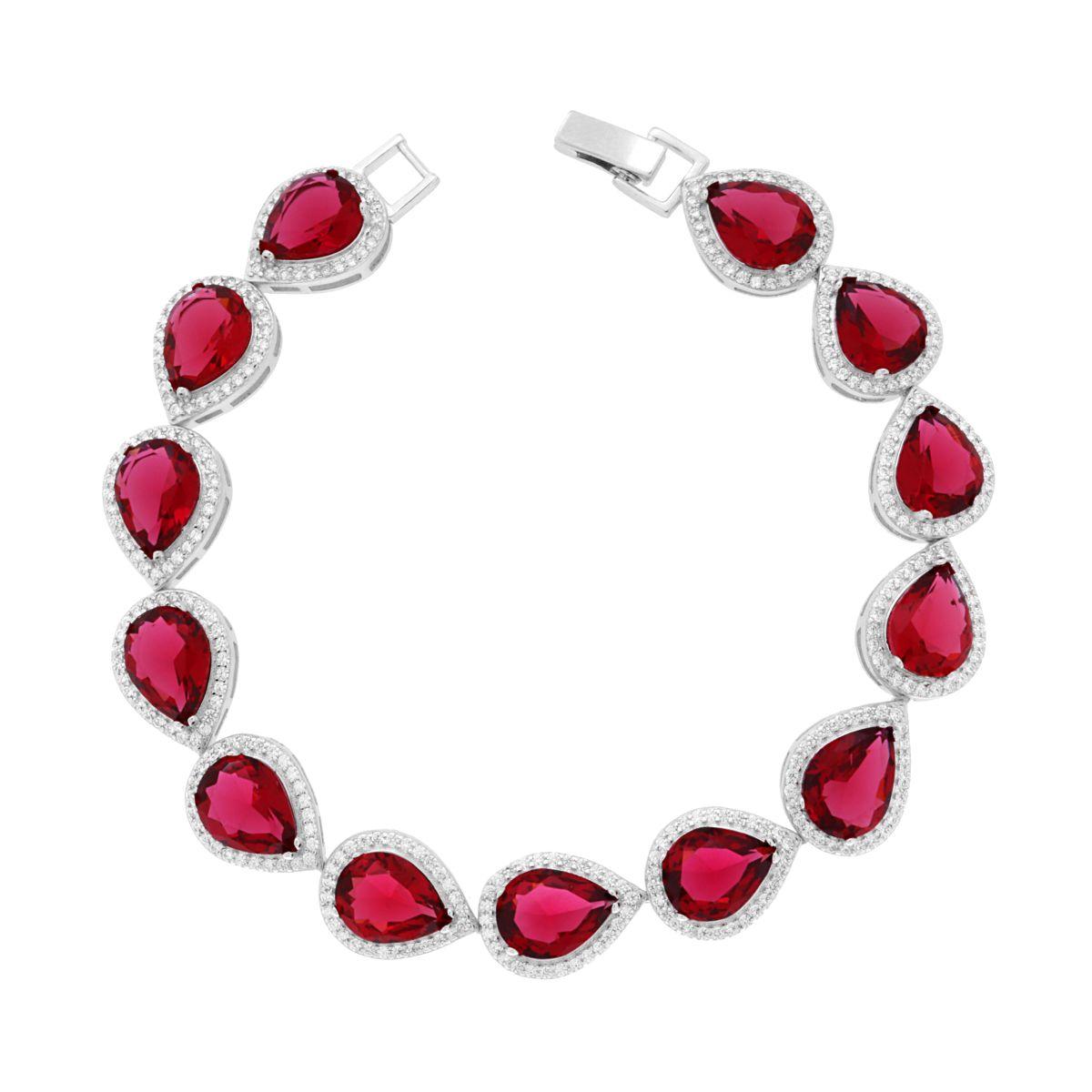 Bracciale Tennis Griffe cm 18 Goccia Rosso Rubino contornati da Cubic Zirconia Bianchi in ARGENTO 925 Galvanica Rodio