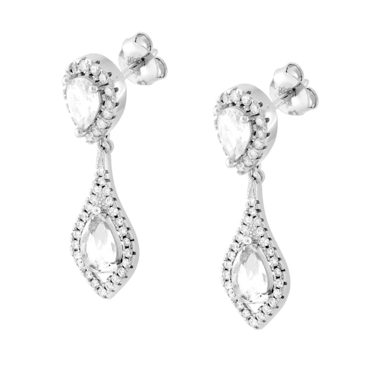 Orecchini Goccia Pendente Bianca contornata da Cubic Zirconia Bianchi in ARGENTO 925 Galvanica Rodio
