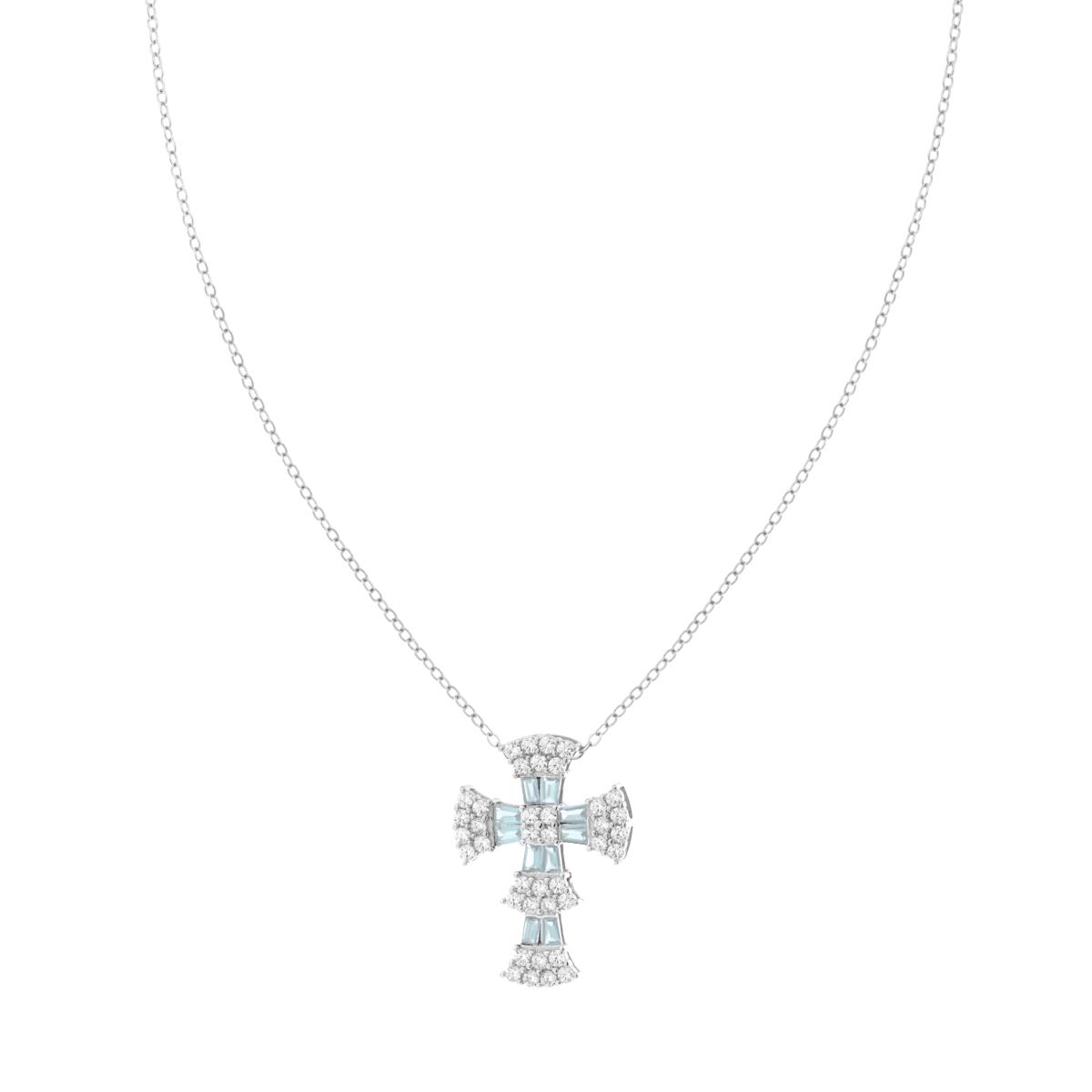 Collana Catena Forzatina Diamantata Croce con Cubic Zirconia Trapezio Acquamarina e Cubic Zirconia Bianchi in ARGENTO 925 Galvanica Rodio