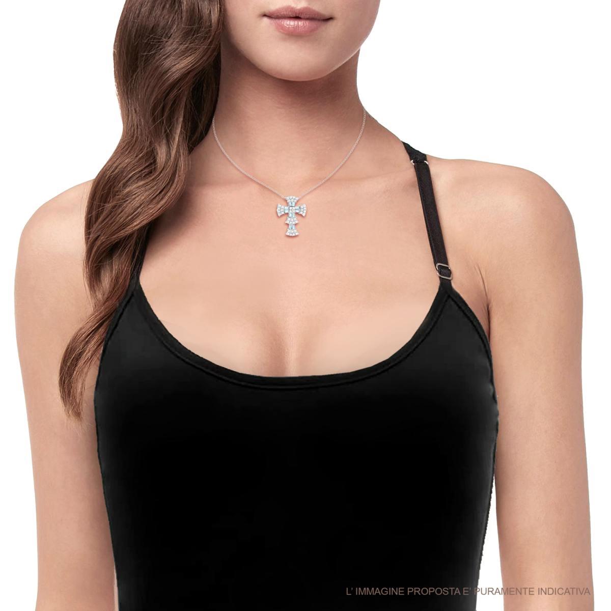 Collana Catena Forzatina Diamantata Croce con Cubic Zirconia Trapezio Acquamarina e Cubic Zirconia Bianchi in ARGENTO 925 Galvanica Rodio