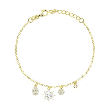 Bracciale Catena Forzatina Diamantata con Fiore e Forme Geometriche pendenti con Cubic Zirconia Bianchi in ARGENTO 925 Galvanica Oro