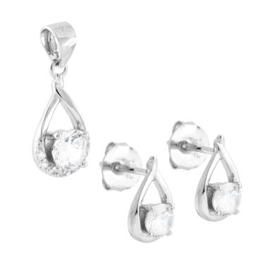 Parure Set Orecchini e Ciondolo Goccia con Punto Luce e Cubic Zirconia Bianchi in ARGENTO 925 Galvanica Rodio