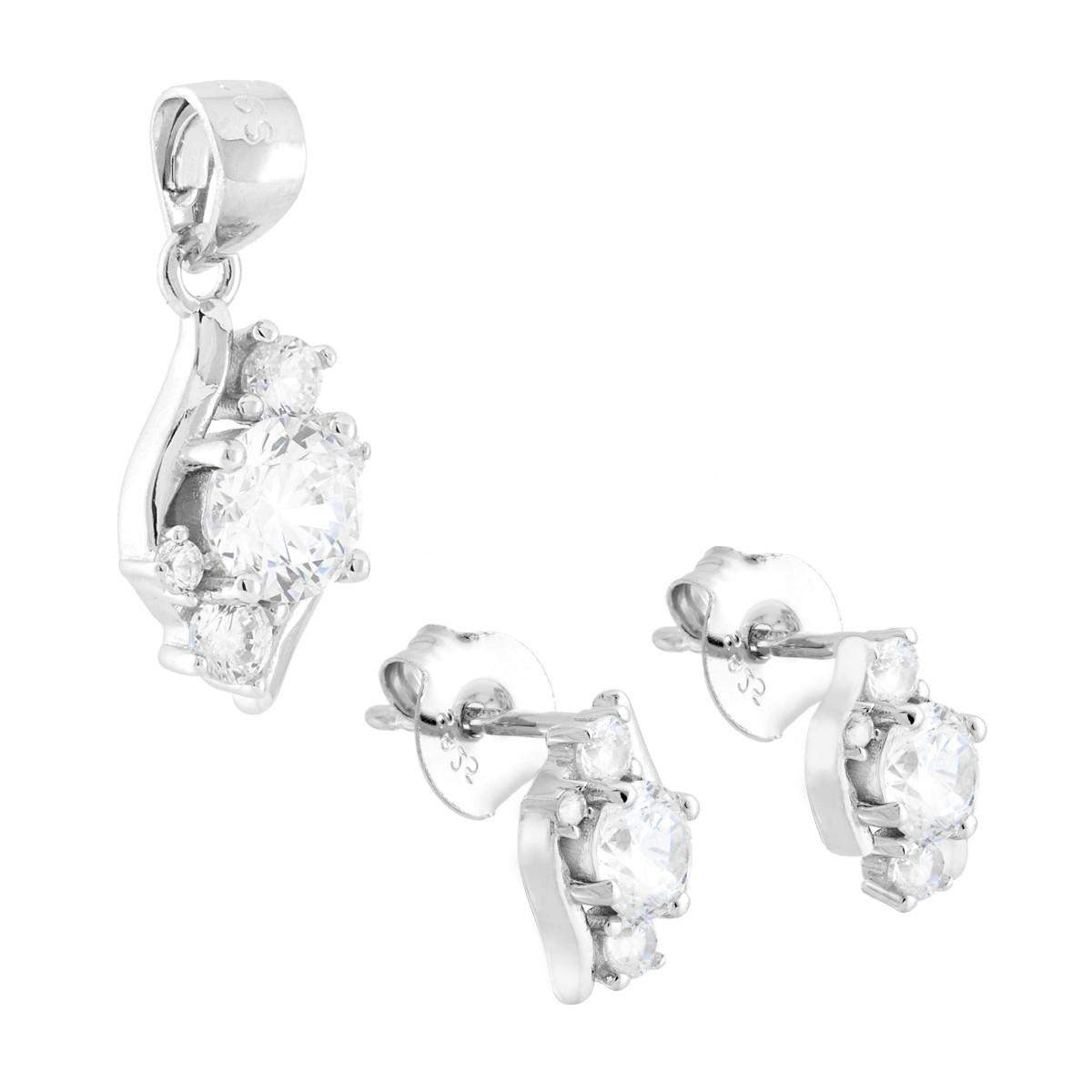 Parure Set Orecchini e Ciondolo Foglia Punto Luce con Cubic Zirconia Bianchi in ARGENTO 925 Galvanica Rodio