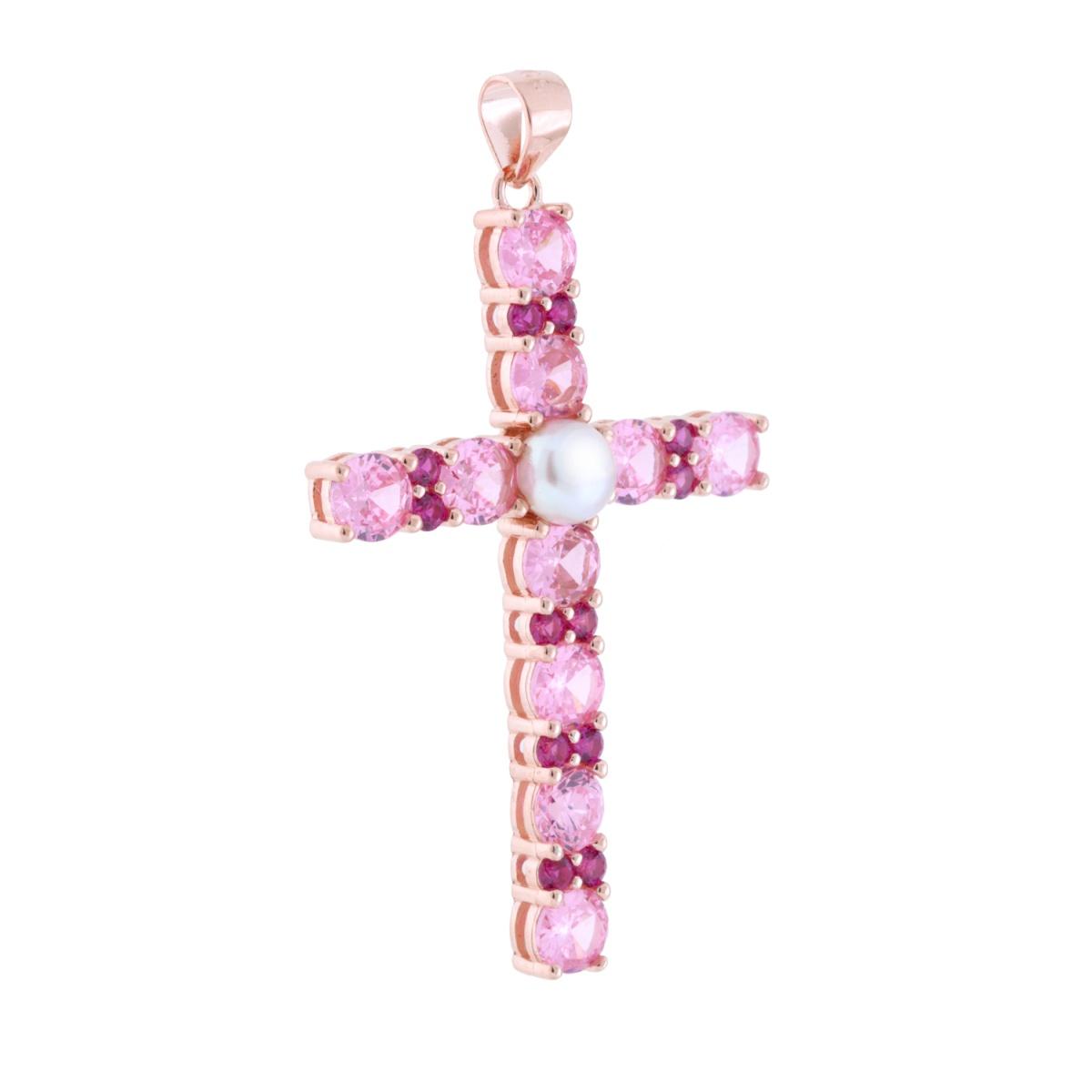 Ciondolo Croce con Cubic Zirconia Rosa Rosso Rubino e Bianchi e Perla in ARGENTO 925 Galvanica Rosa