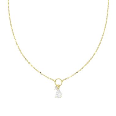 Collana Catena Forzatina Diamantata con Goccia e Punto Luce in Cubic Zirconia Bianchi in ARGENTO 925 Galvanica Oro