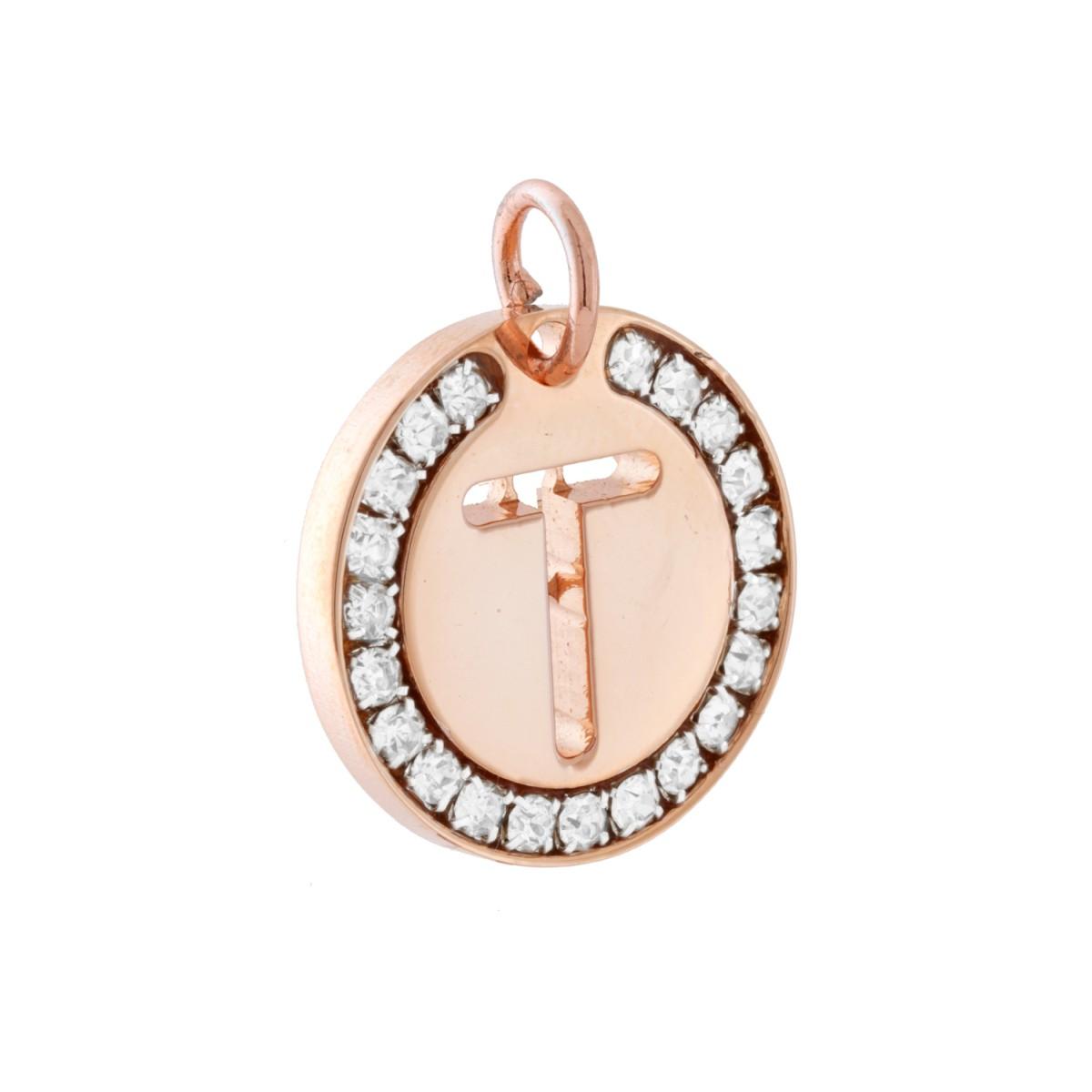 Ciondolo Tondo mm 20 con Lettera Iniziale Nome traforata e Crystal Bianchi in ACCIAIO colore Rosa