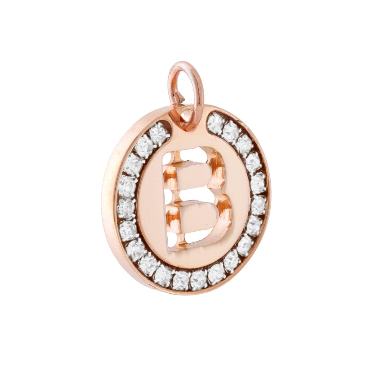 Ciondolo Tondo mm 20 con Lettera Iniziale Nome traforata e Crystal Bianchi in ACCIAIO colore Rosa