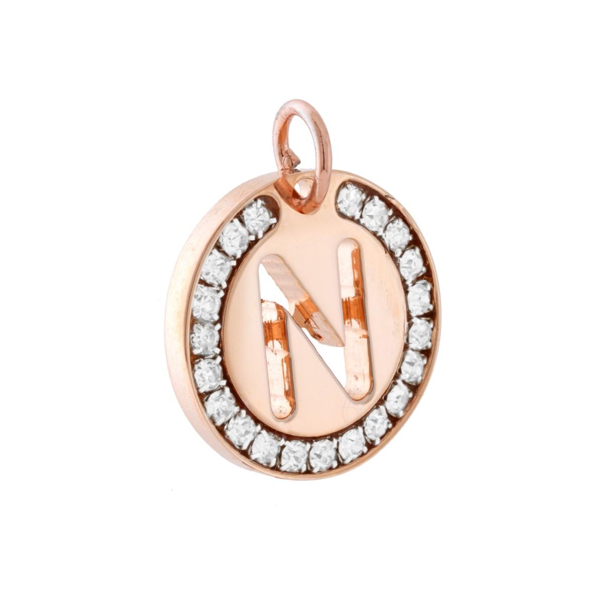 Ciondolo Tondo mm 20 con Lettera Iniziale Nome traforata e Crystal Bianchi in ACCIAIO colore Rosa