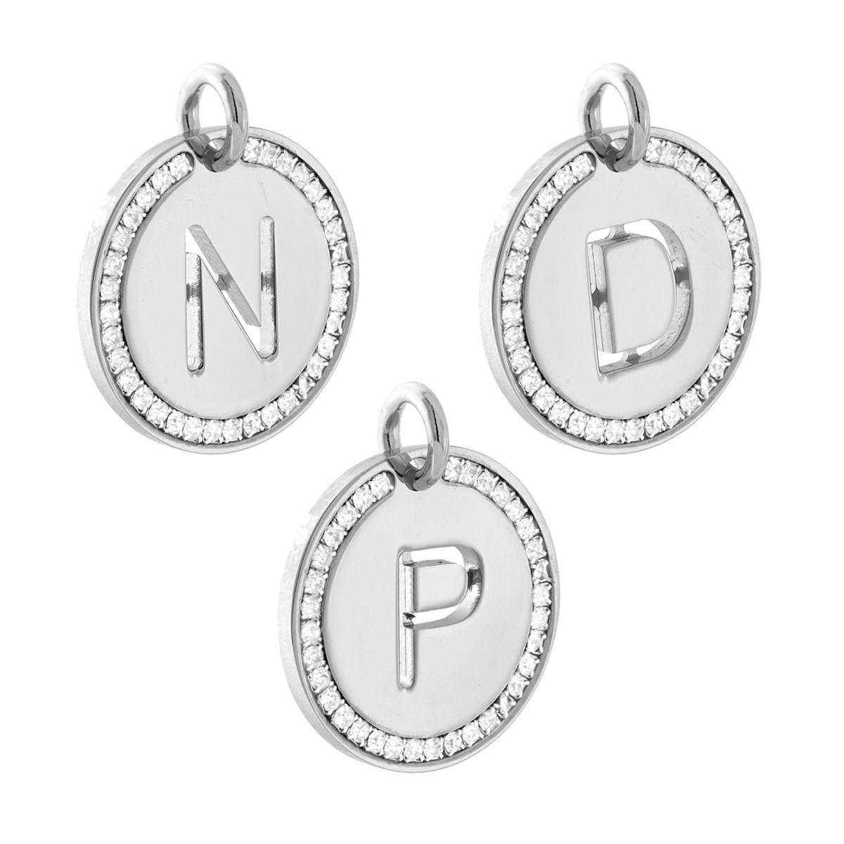 Ciondolo Tondo mm 30 con Lettera Iniziale Nome traforata e Crystal Bianchi in ACCIAIO