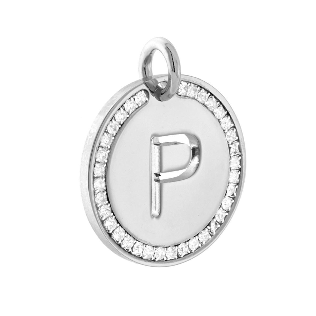 Ciondolo Tondo mm 30 con Lettera Iniziale Nome traforata e Crystal Bianchi in ACCIAIO