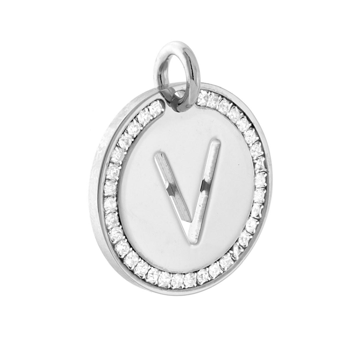 Ciondolo Tondo mm 30 con Lettera Iniziale Nome traforata e Crystal Bianchi in ACCIAIO