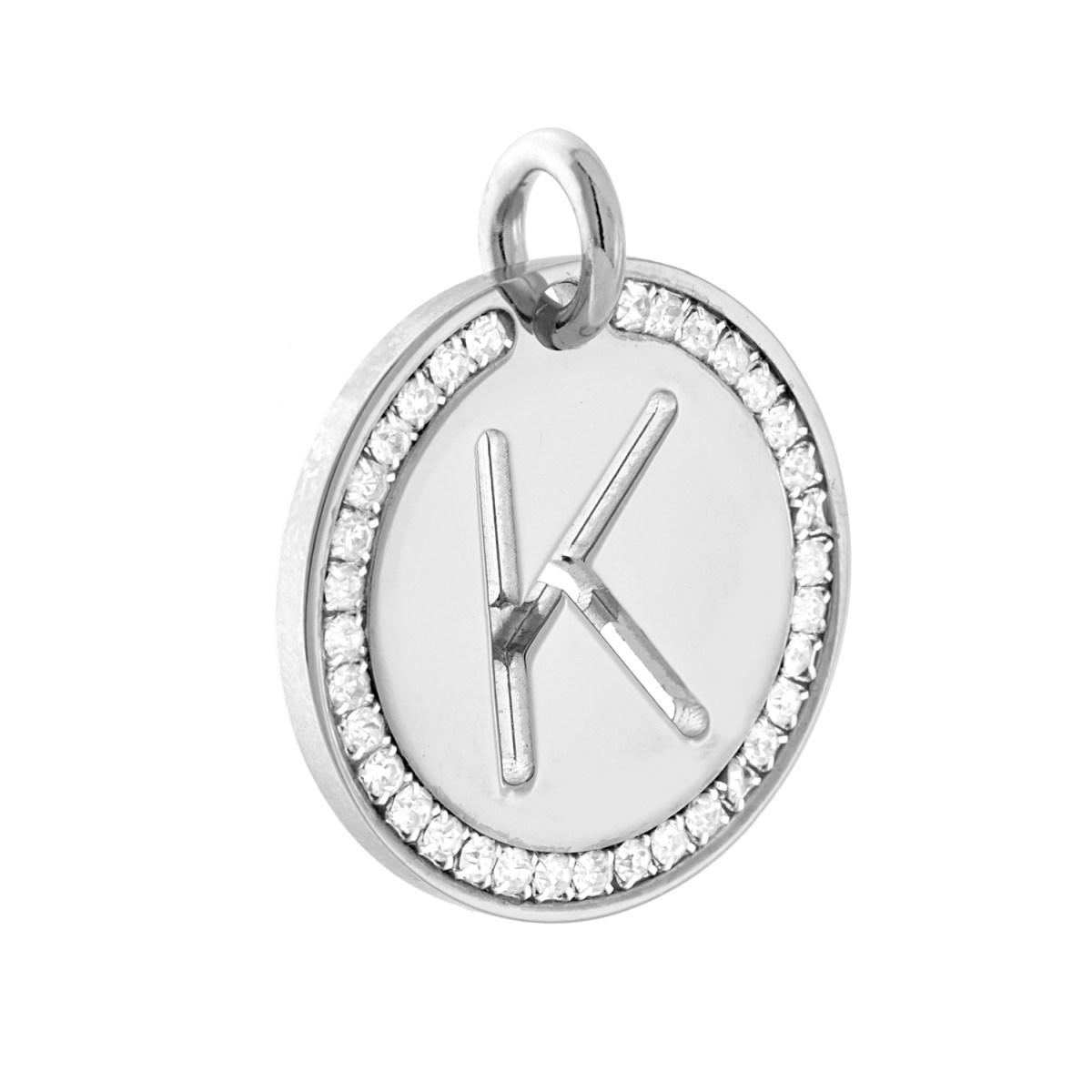 Ciondolo Tondo mm 30 con Lettera Iniziale Nome traforata e Crystal Bianchi in ACCIAIO