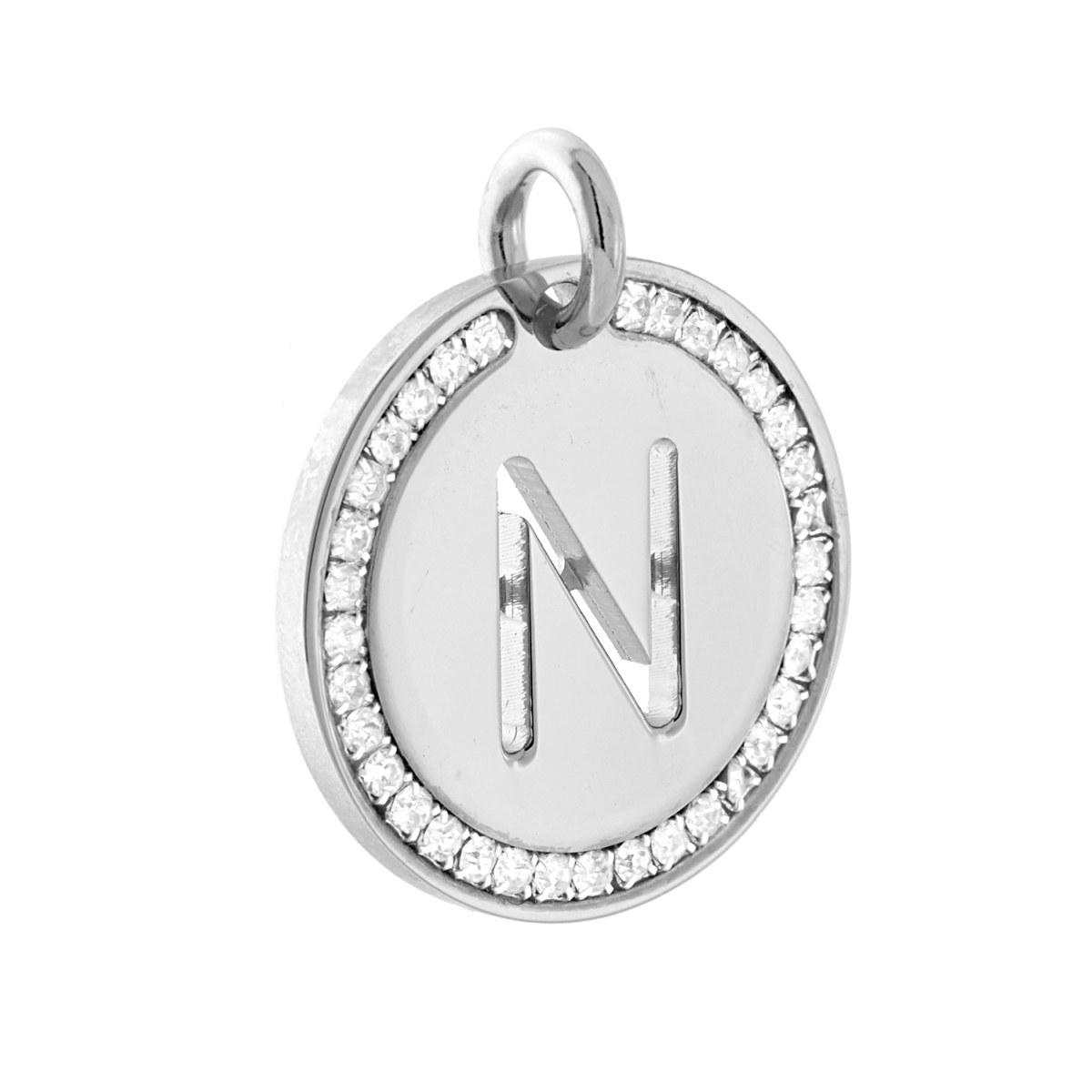 Ciondolo Tondo mm 30 con Lettera Iniziale Nome traforata e Crystal Bianchi in ACCIAIO